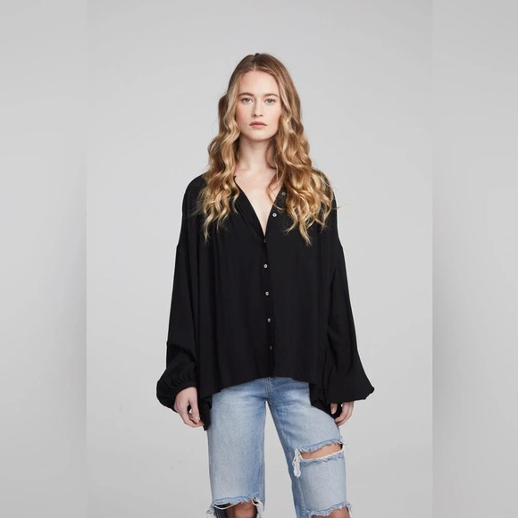 NWT CHASER Idol Shadow Black Long Bell Sleeve Button Down Relaxed Blouse Small - Picture 1 of 13